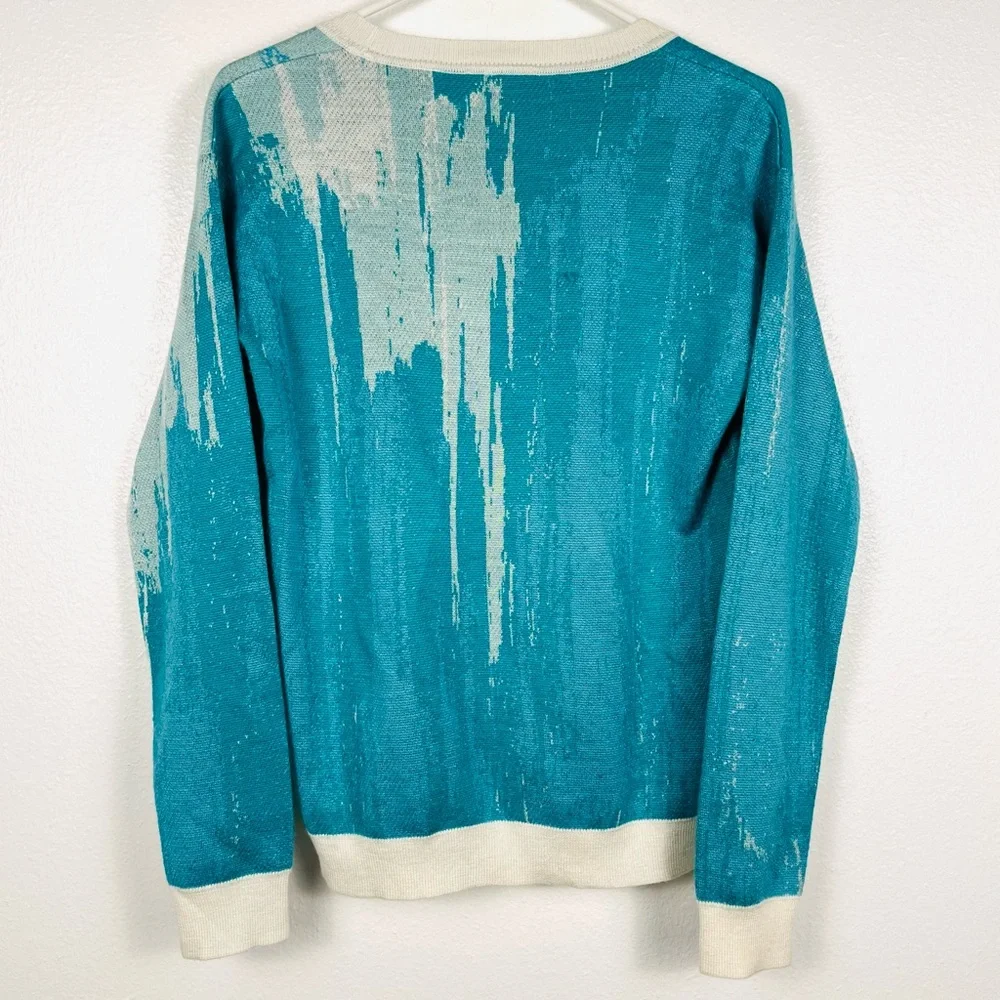 Anthropologie Llama Abstract Watercolor Turquoise Blue Pullover Sweater Small
